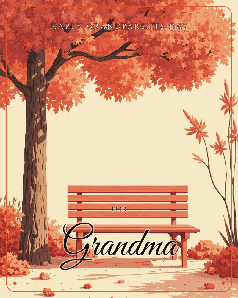 An empty wooden bench sits beneath a sprawling maple tree in full autumn blaze, its canopy of rust and coral leaves arching overhead, a grandparents day e-card design