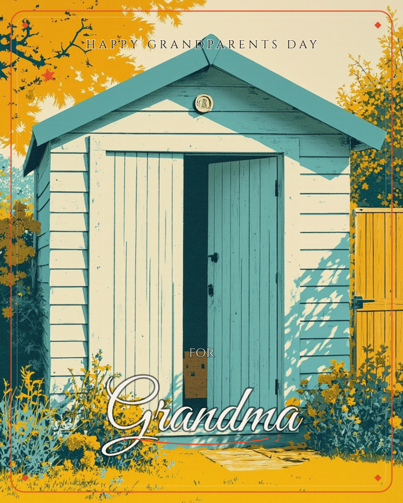 A garden shed with white clapboard walls and a teal roof stands with its door open, sunlight dappling the wood through overhanging leaves, a grandparents day e-card design