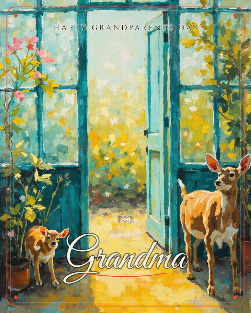 A doe and her fawn wander into a sunlit teal greenhouse through an open glass door, golden light pooling across the floor from a wildflower garden outside, a grandparents day e-card design
