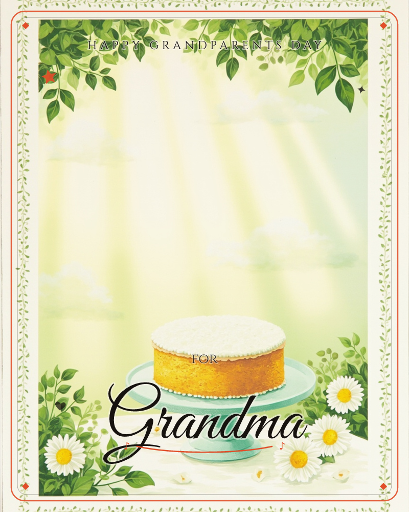 A frosted layer cake sits on a mint-green cake stand atop a linen-draped table, framed by trailing green leaves and sunbeams breaking through a soft…, a grandparents day e-card design