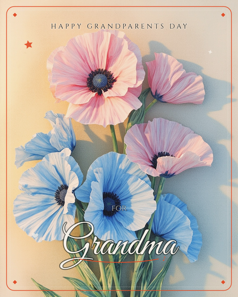 A cluster of large poppies leans together against a warm, softly lit background, their crepe-like petals catching golden light on one side and casting…, a grandparents day e-card design