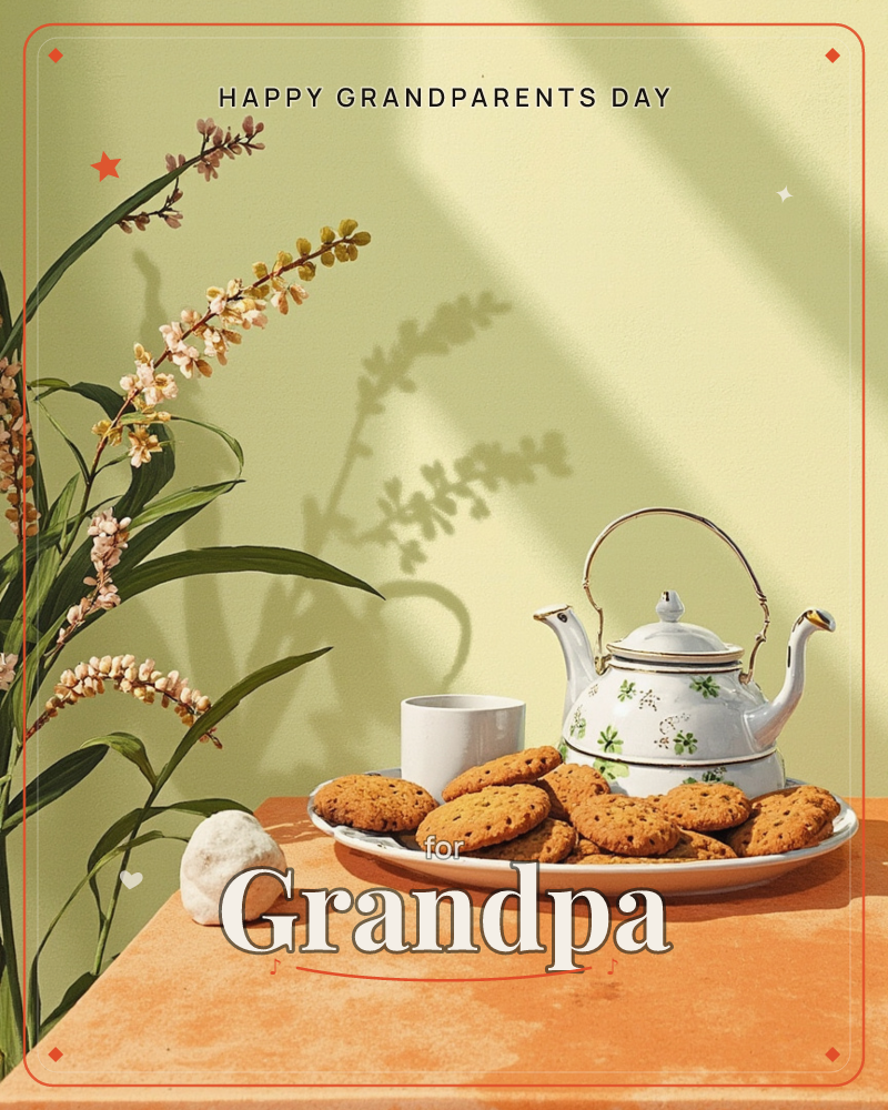 A sunlit still life shows a floral-patterned kettle and a white cup resting beside a heaped plate of oatmeal cookies on a rust-orange table, with tall…, a grandparents day e-card design