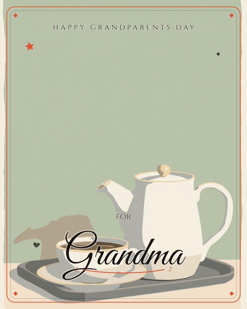 A cream teapot with a curved handle stands beside a full teacup and saucer, both edged in gold, arranged on a grey tray against a flat sage-green wall, a grandparents day e-card design