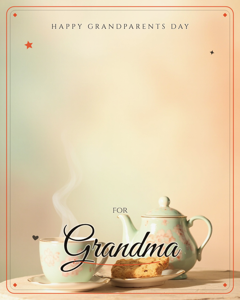 A mint-green teapot and matching teacup, both painted with soft pink floral patterns, sit on a pale tabletop beside a small plate of biscotti, a grandparents day e-card design