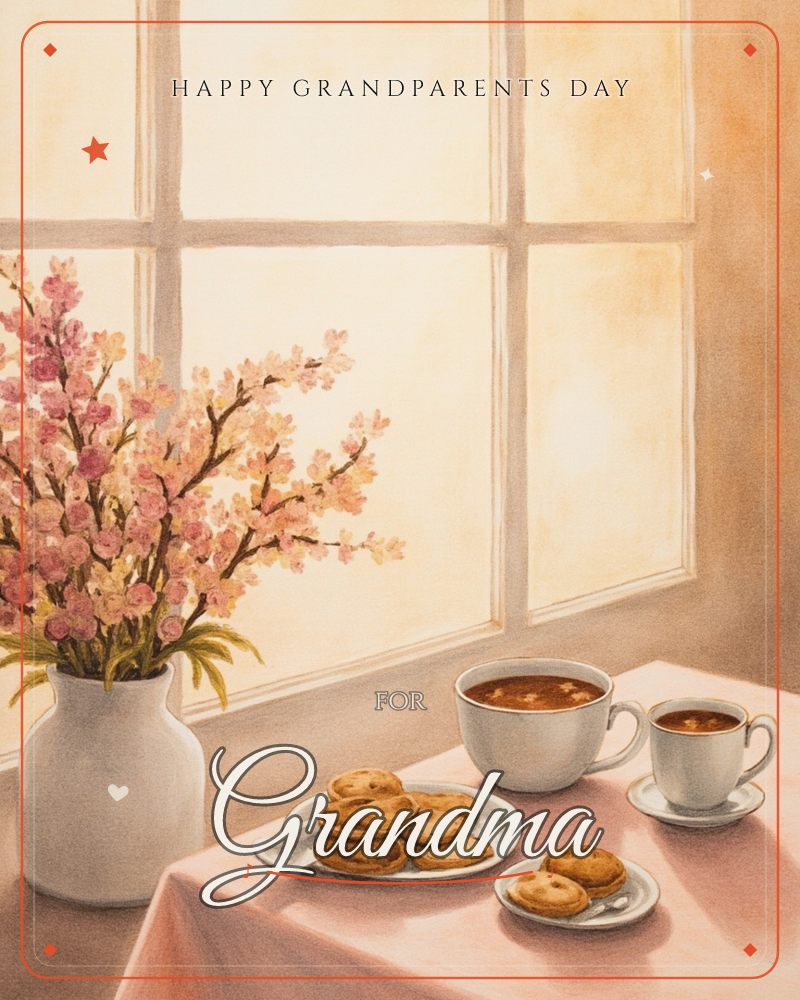A sunlit windowsill scene shows a white vase of pink blossom branches beside a pink tablecloth set with two teacups and plates of cookies, a grandparents day e-card design