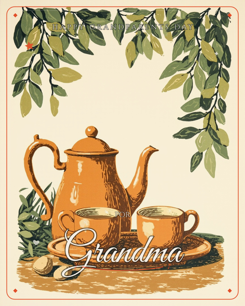 A burnt-orange teapot and two filled cups sit on a matching tray, framed by hanging leafy branches against a warm cream background, a grandparents day e-card design