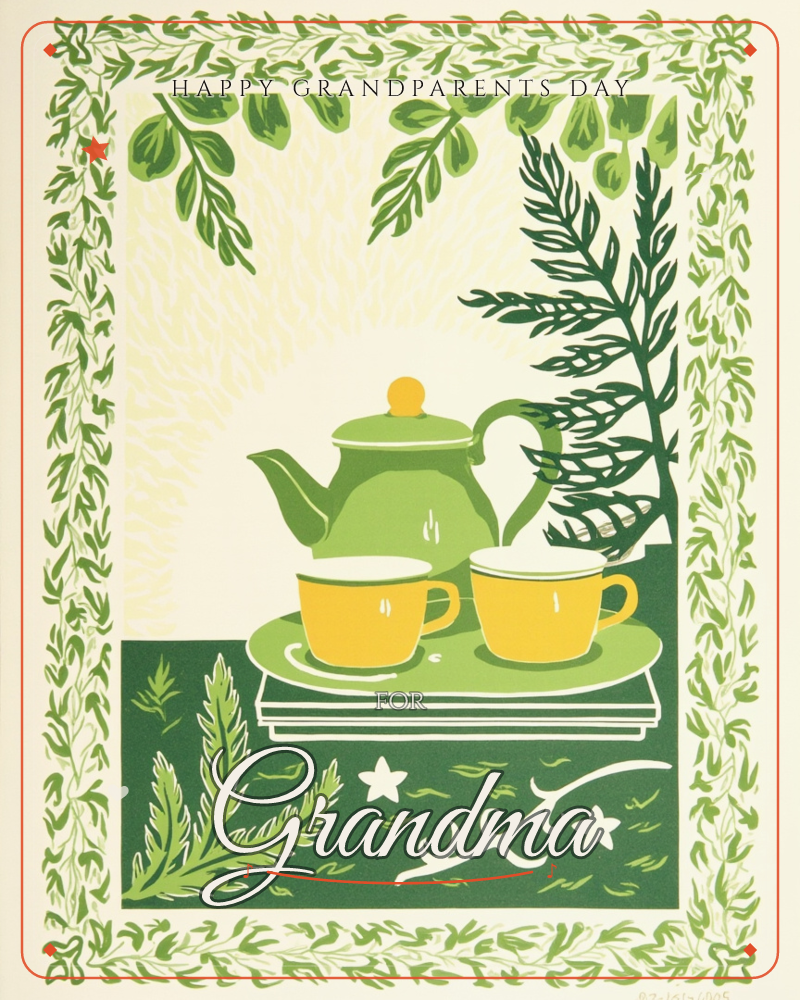 A green teapot with a yellow knob sits between two yellow teacups on a stacked green plate, framed by hanging leaves and a fern against a pale cream…, a grandparents day e-card design