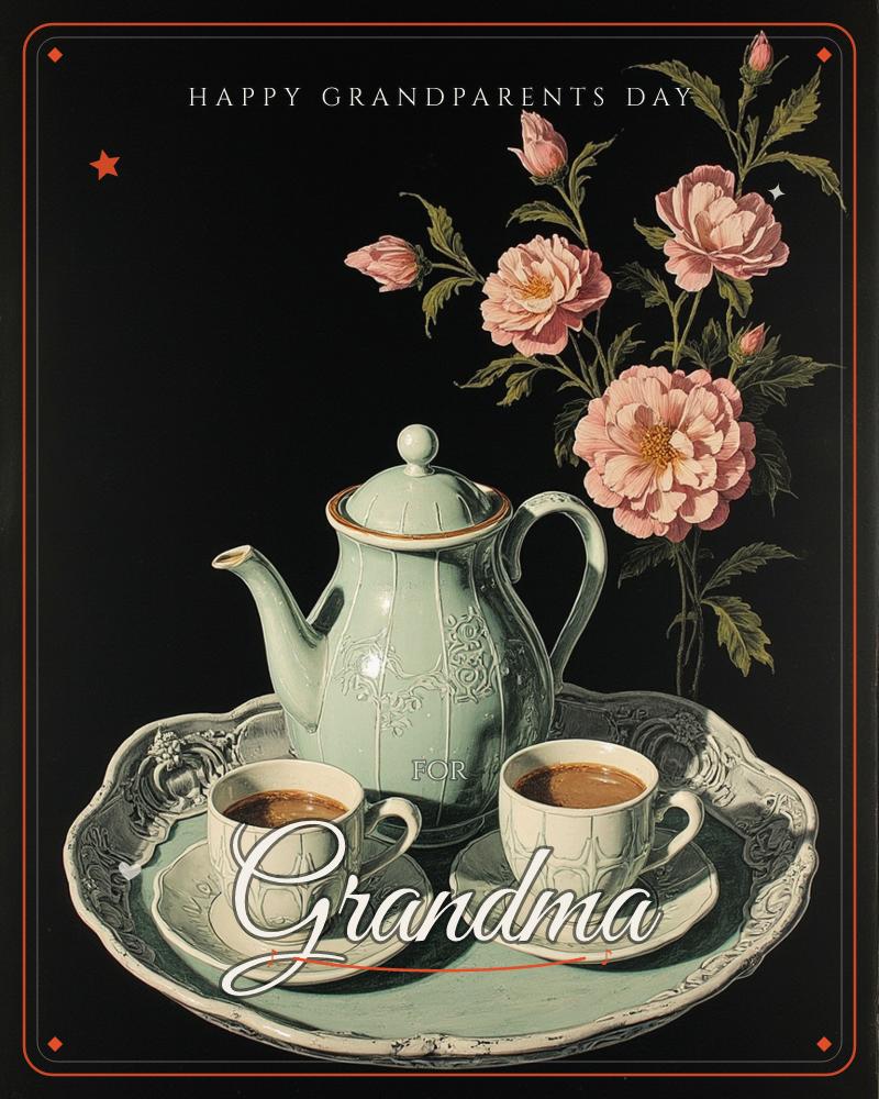 A pale mint-green teapot and two filled teacups sit on an ornate matching tray against a solid black background, with a spray of pink peonies and buds…, a grandparents day e-card design