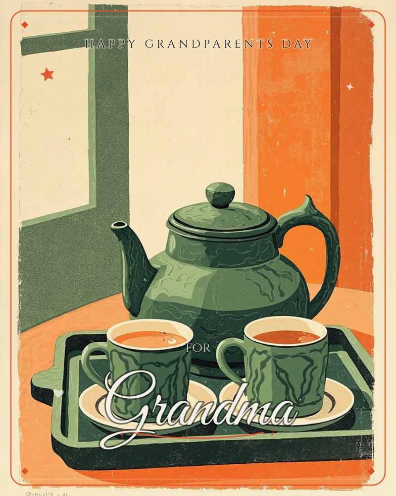 A stylised print of a green ceramic teapot with two matching cups of tea on saucers, arranged on a green tray against a bold orange and cream background, a grandparents day e-card design