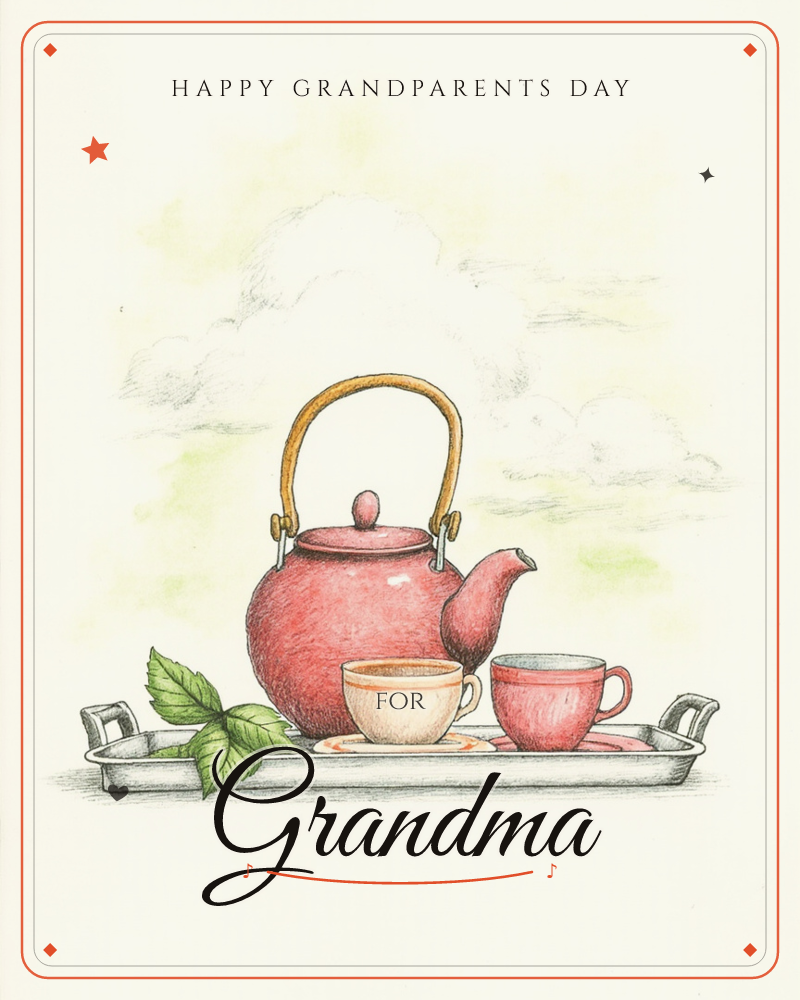 A red teapot with a curved bamboo-coloured handle sits on a metal tray beside two teacups and a small sprig of mint leaves, a grandparents day e-card design