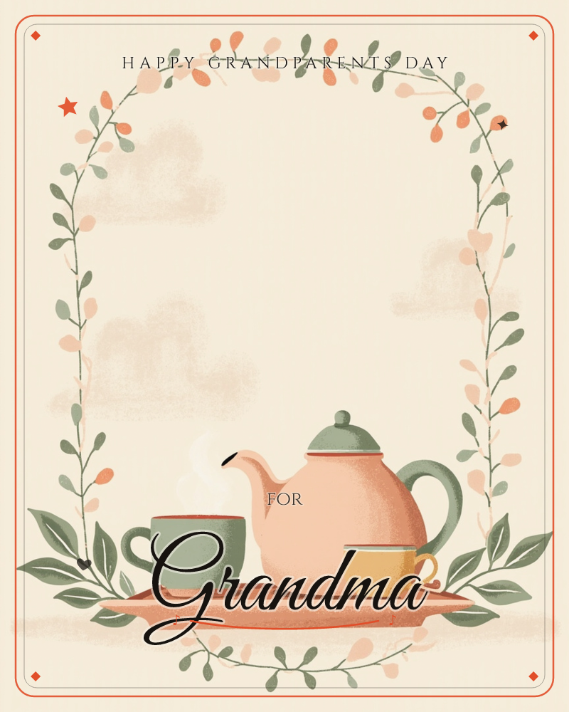 A peach-colored teapot sits on a wooden tray flanked by a steaming sage-green mug and a small mustard cup, all framed by an arching vine of leaves and…, a grandparents day e-card design