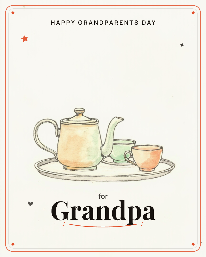 A simple ink and watercolour sketch shows a teapot with a mint-green spout and handle, its body washed in soft peach, standing on a round tray beside a…, a grandparents day e-card design