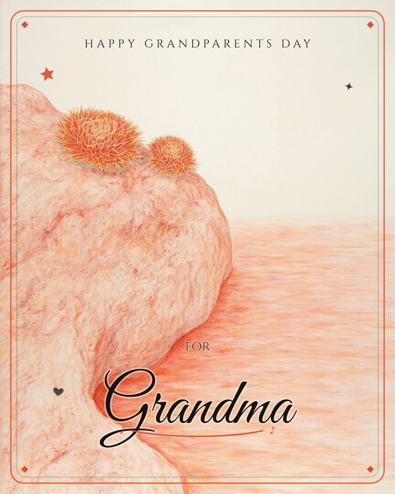 A large sandy-pink boulder juts into a coral-tinted sea, two spiky orange sea urchins perched on its edge like small suns, a grandparents day e-card design
