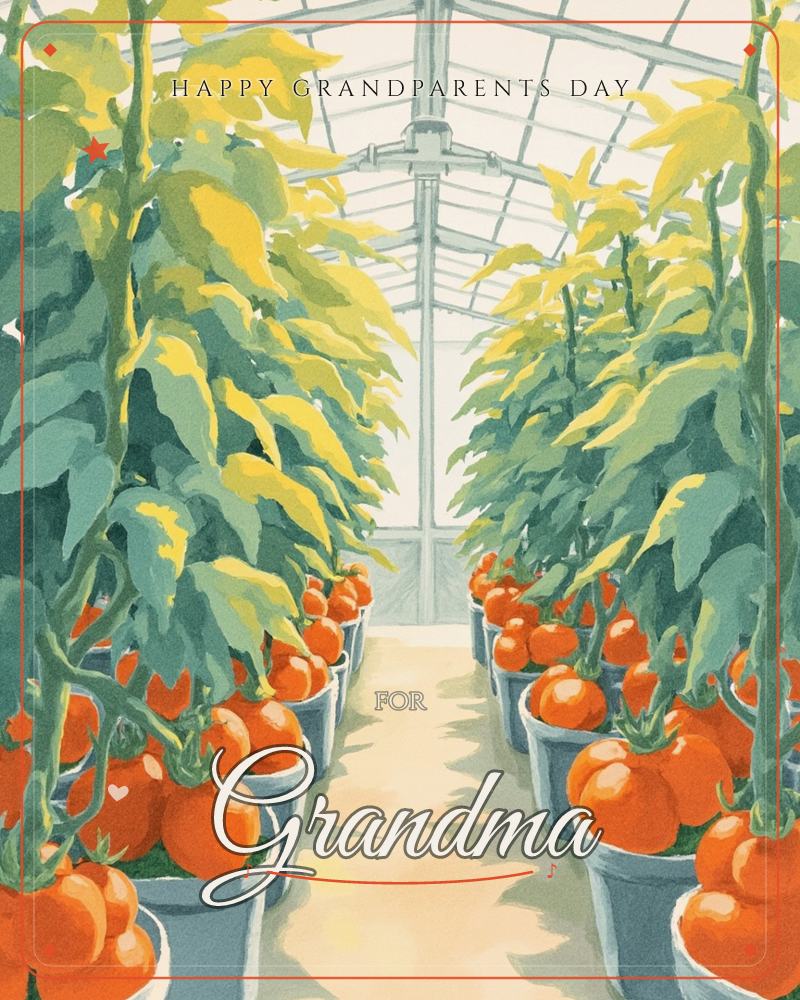A glasshouse aisle stretches toward a bright vanishing point, its steel ribs framing panes of pale sky, a grandparents day e-card design