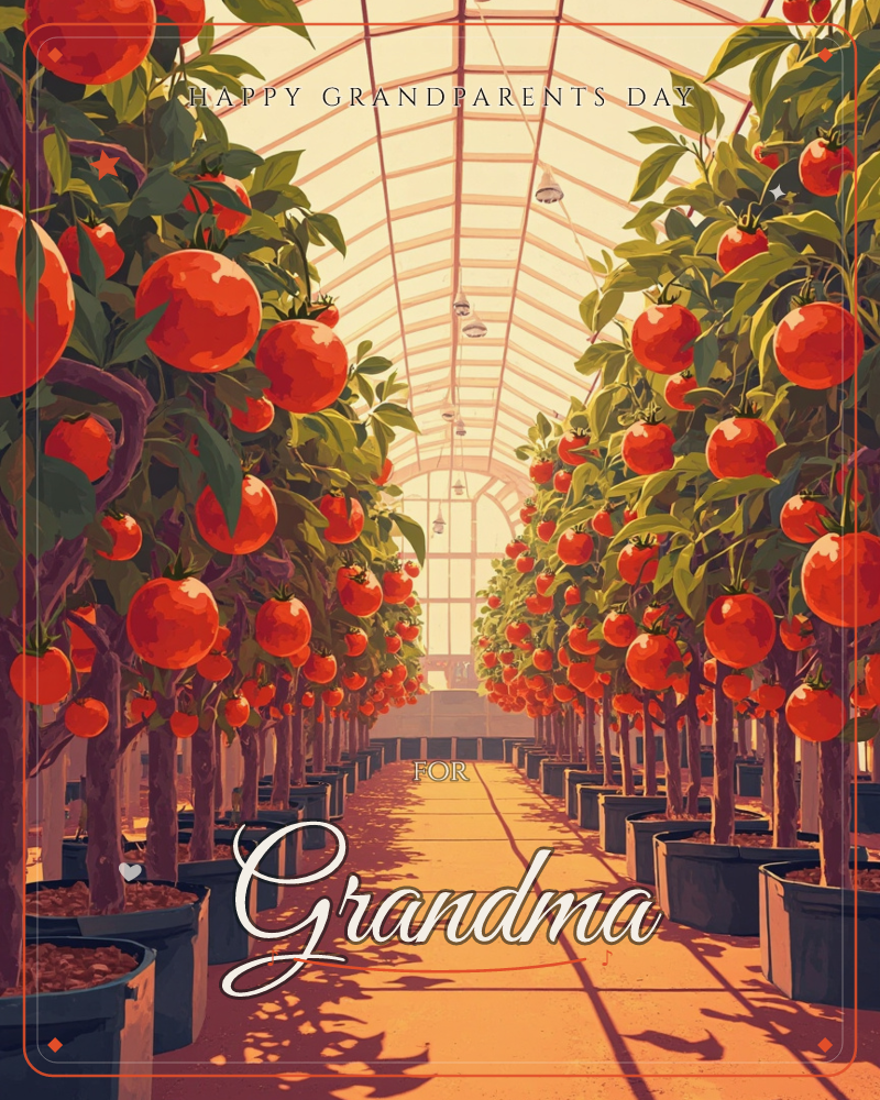 A glass greenhouse stretches into the distance, its arched frame glowing amber with afternoon light, a grandparents day e-card design