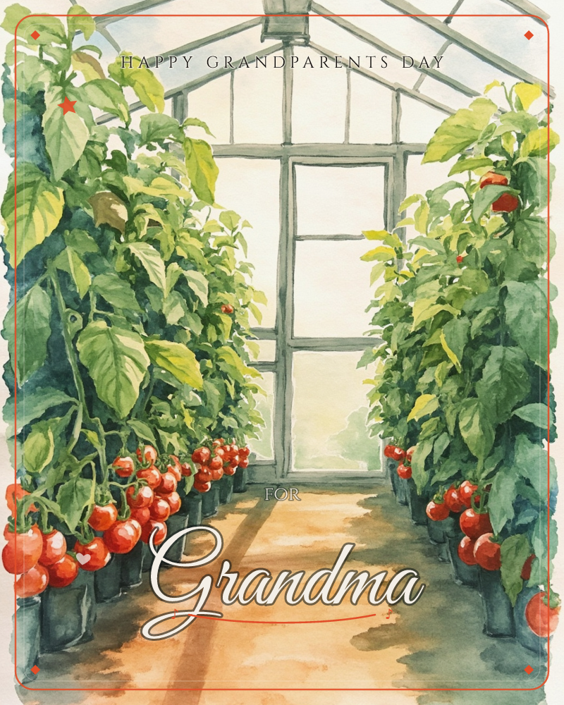 A watercolour greenhouse interior with rows of tomato plants heavy with red clusters lining a sunlit dirt path, a grandparents day e-card design
