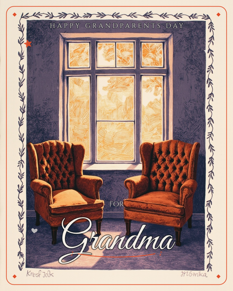 Two tufted wingback chairs face each other in a purple-toned room, empty but for the golden light pouring through a many-paned window, a grandparents day e-card design