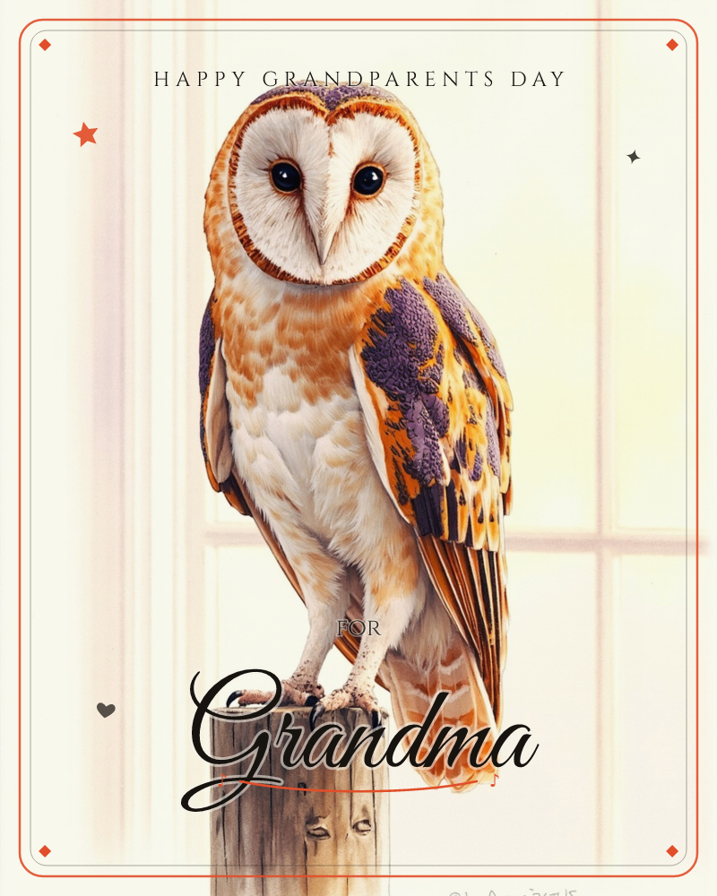 A barn owl perches on a weathered wooden post, its heart-shaped white face turned toward the viewer with dark, watchful eyes, a grandparents day e-card design