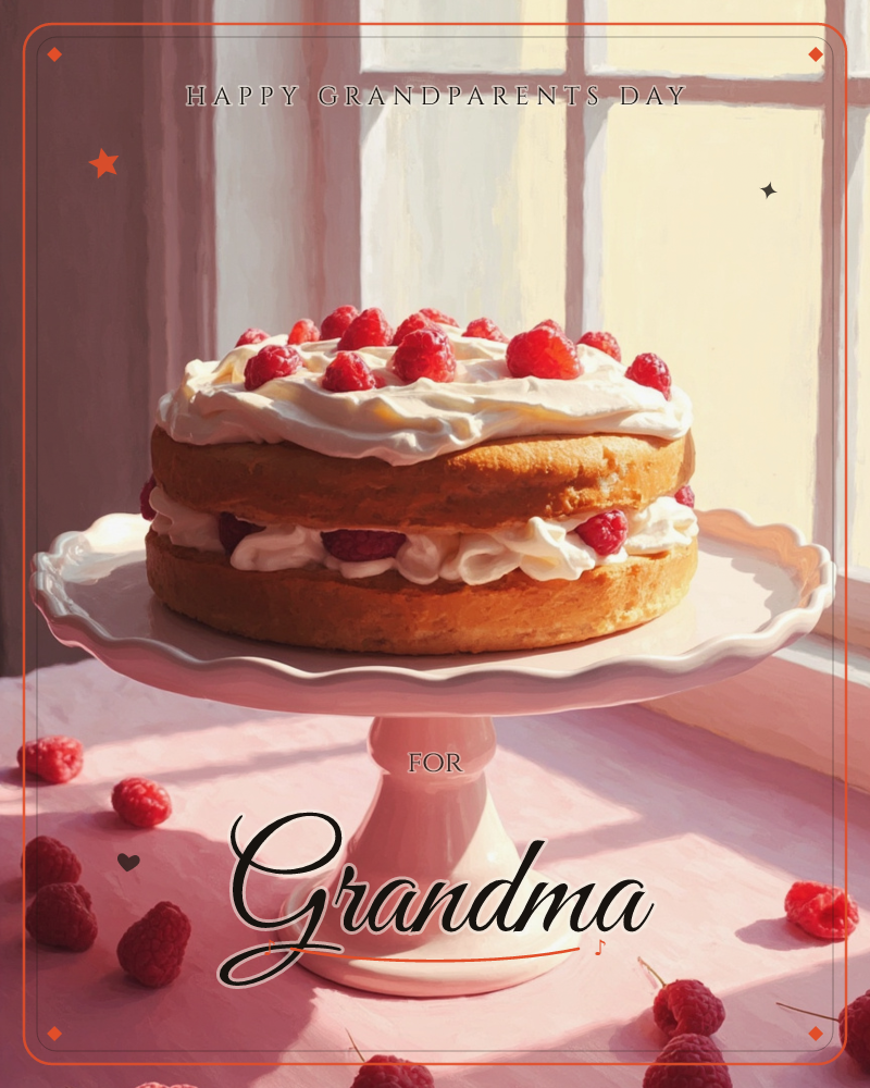 A layered sponge cake piled with whipped cream and fresh raspberries sits on a scalloped pink cake stand beside a sunlit window, a grandparents day e-card design