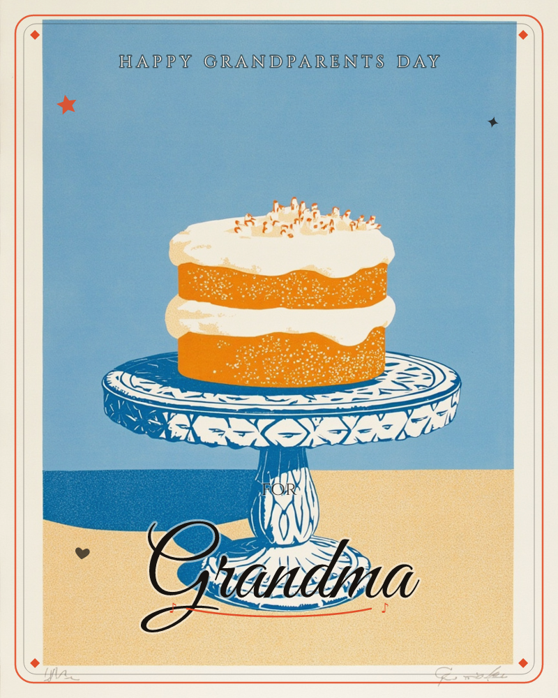 A two-layer orange sponge cake with dripping white icing and a cluster of thin candles sits on an ornately patterned blue-and-white cake stand, a grandparents day e-card design