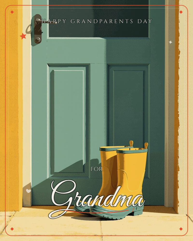 A pair of bright yellow rain boots sits on a sunlit doorstep in front of a teal-green paneled door, a grandparents day e-card design