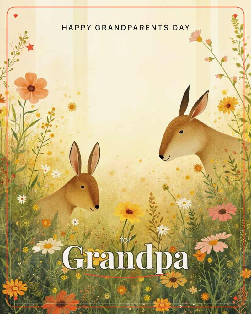 Two soft brown deer, one smaller than the other, face each other across a meadow thick with wildflowers in orange, pink, yellow and white, a grandparents day e-card design