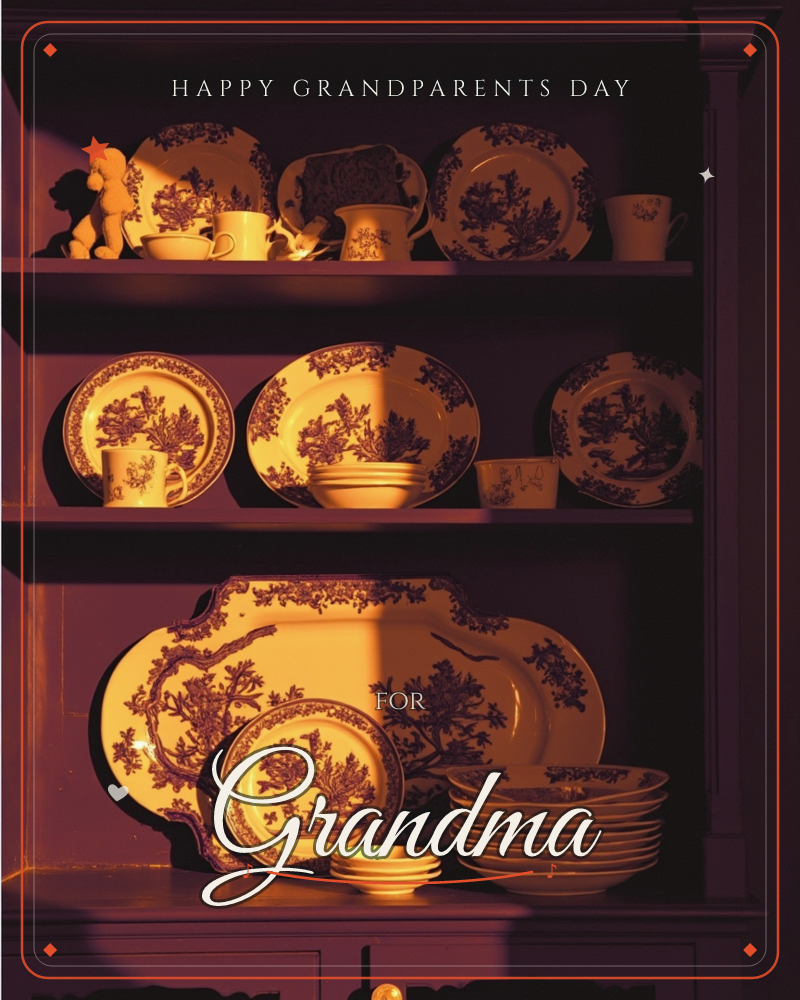 A dresser's shelves are stacked with floral-patterned china - plates, cups, saucers and a large decorative platter - all bathed in a warm golden light…, a grandparents day e-card design