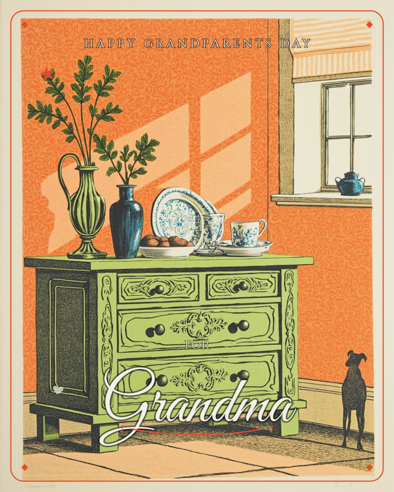 A green chest of drawers stands against a bold orange patterned wall, sunlight from a nearby window casting sharp diagonal shadows across the room, a grandparents day e-card design