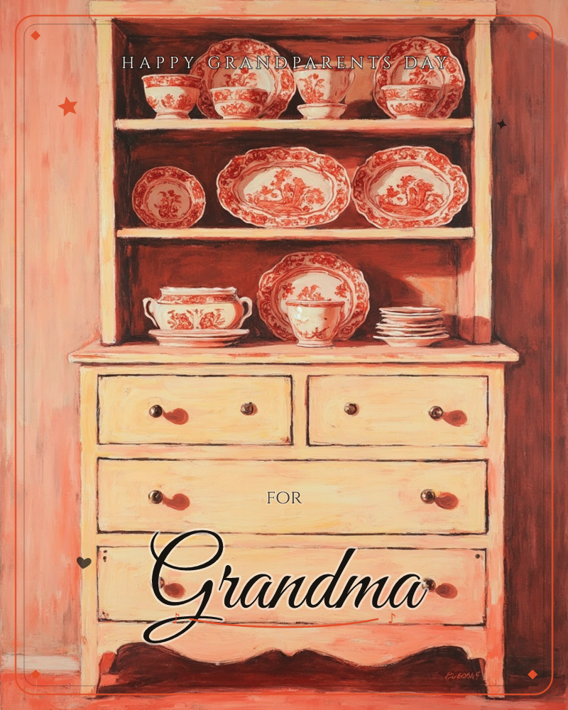 A painted still life shows a cream-coloured wooden dresser with drawers below and open shelves above, displaying a collection of red-and-white…, a grandparents day e-card design