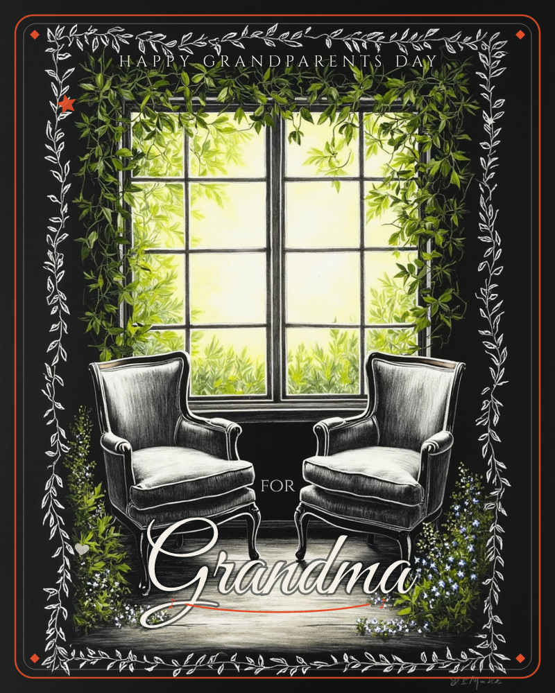Two empty wingback armchairs sit facing each other before a paned window, framed by trailing ivy that spills down from the top of the glass, a grandparents day e-card design