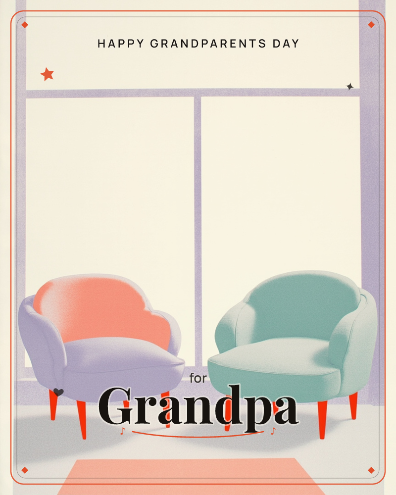 Two mid-century armchairs sit angled toward each other in front of a large paned window, one lilac with a coral back panel, the other mint green, both…, a grandparents day e-card design