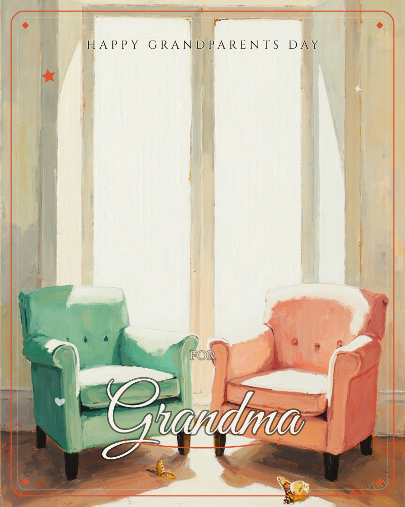 Two armchairs, one seafoam green and one coral pink, sit side by side in front of a tall pair of sunlit French doors, a grandparents day e-card design