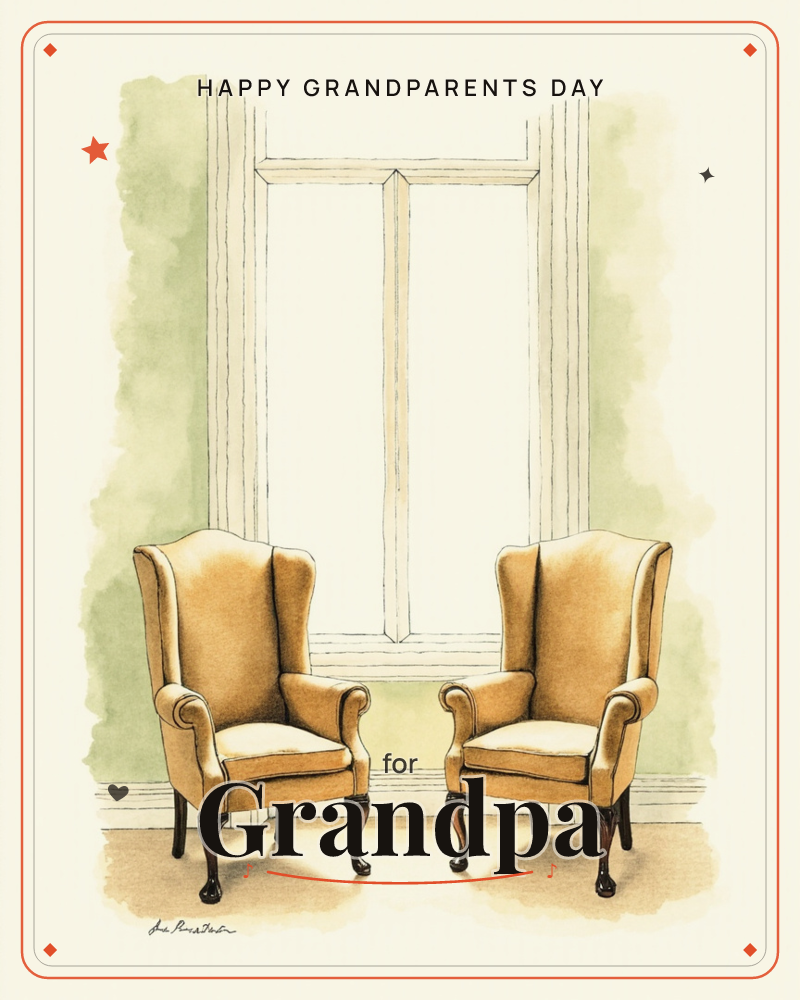 Two golden wingback chairs sit empty and facing forward before a tall, paned window, their curved wooden legs resting on a pale wood floor, a grandparents day e-card design
