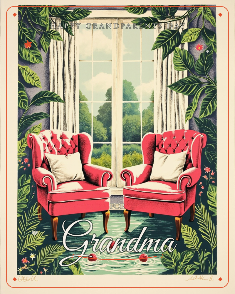 Two pink wingback armchairs face each other before a tall window, its sheer curtains framing a bright view of trees and sky, a grandparents day e-card design