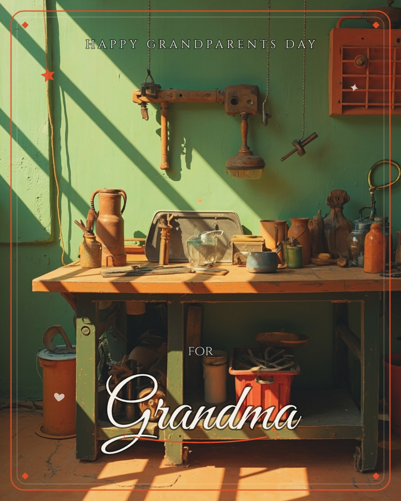 A weathered workbench sits against a mint-green wall hung with old tools and a small orange cabinet, sunlight slanting across the room in long diagonal…, a grandparents day e-card design