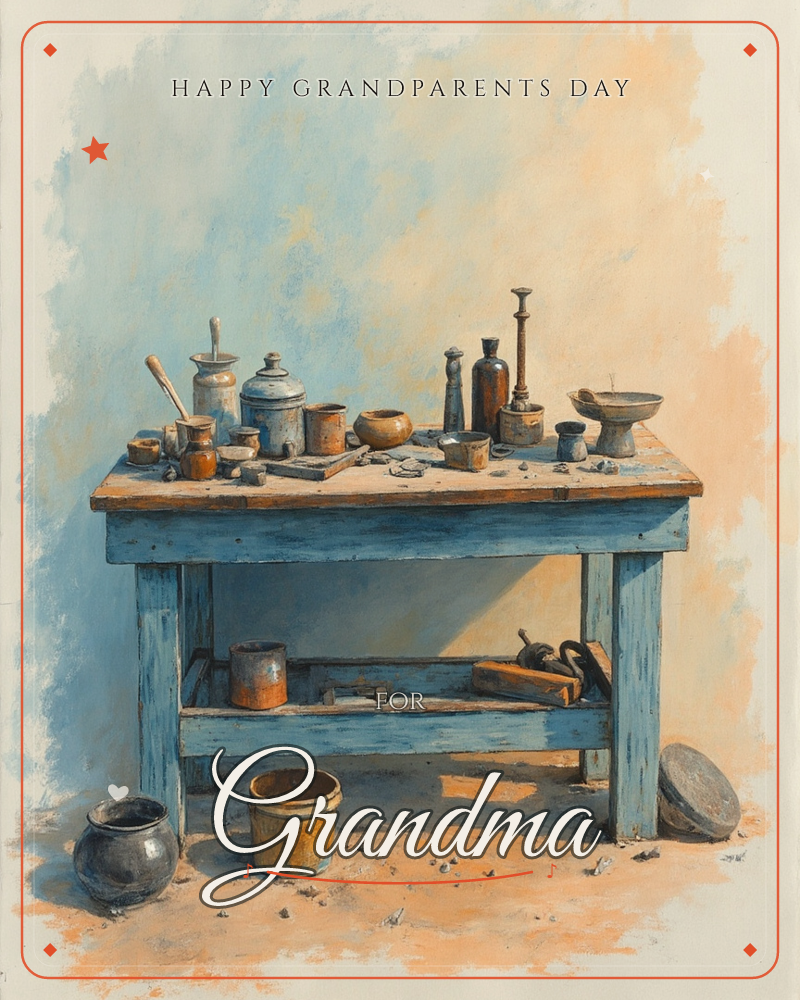 A weathered blue wooden workbench stands against a softly clouded blue-and-ochre backdrop, its top crowded with old tins, jars, bottles, a mortar and…, a grandparents day e-card design