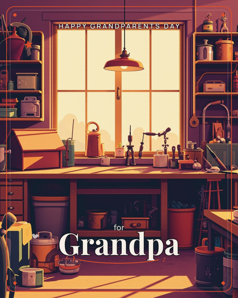 A cosy workshop glows in warm amber light streaming through a large paned window, with a pendant lamp hanging above a wooden workbench cluttered with…, a grandparents day e-card design