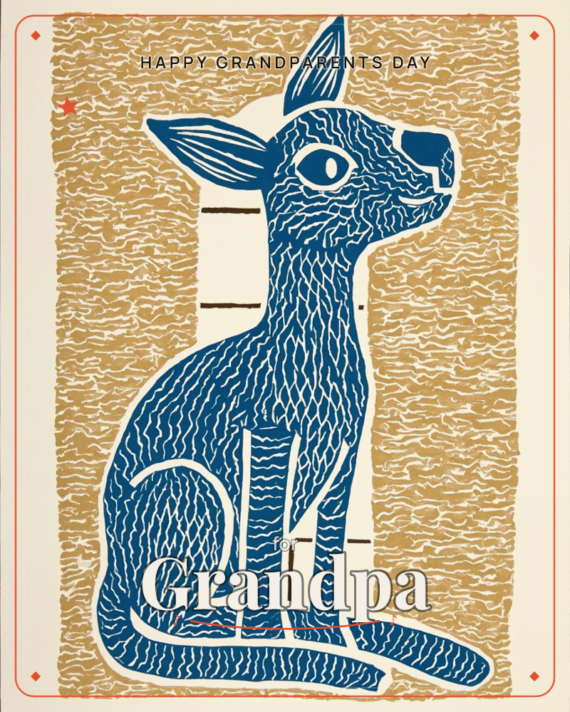 A stylised fox or fennec sits upright in profile, its whole body etched with fine wavy linocut lines, one huge round eye fixed on something off to the…, a grandparents day e-card design