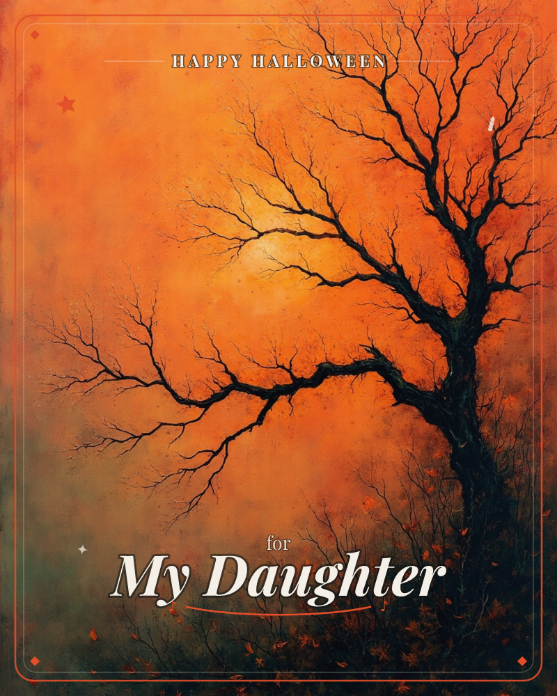 A bare, gnarled tree stretches its dark branches across a glowing orange sky, with a pale sun or moon half-hidden behind the canopy, a halloween e-card design