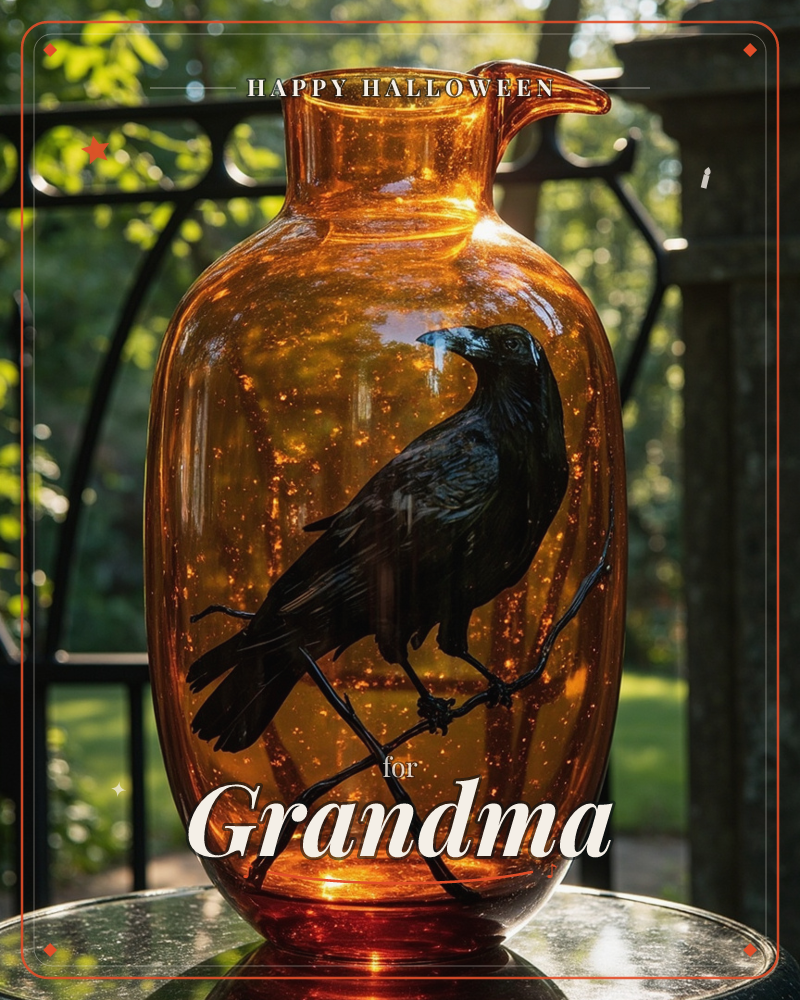 An amber glass jug glows in late sunlight, and inside it perches a dark raven on a thin bare branch, its beak catching a cool blue highlight, a halloween e-card design