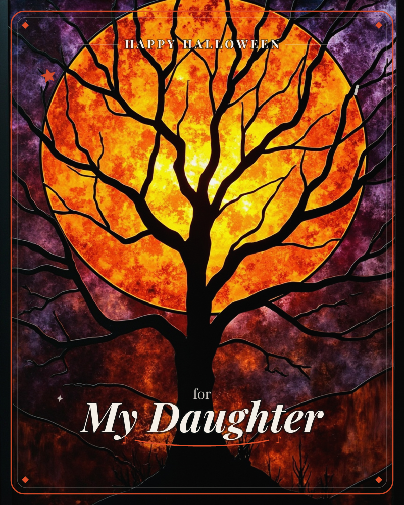 A bare-branched tree stands in silhouette against a huge blazing orange-gold sun, its twisting limbs spreading like cracks of lightning across the…, a halloween e-card design