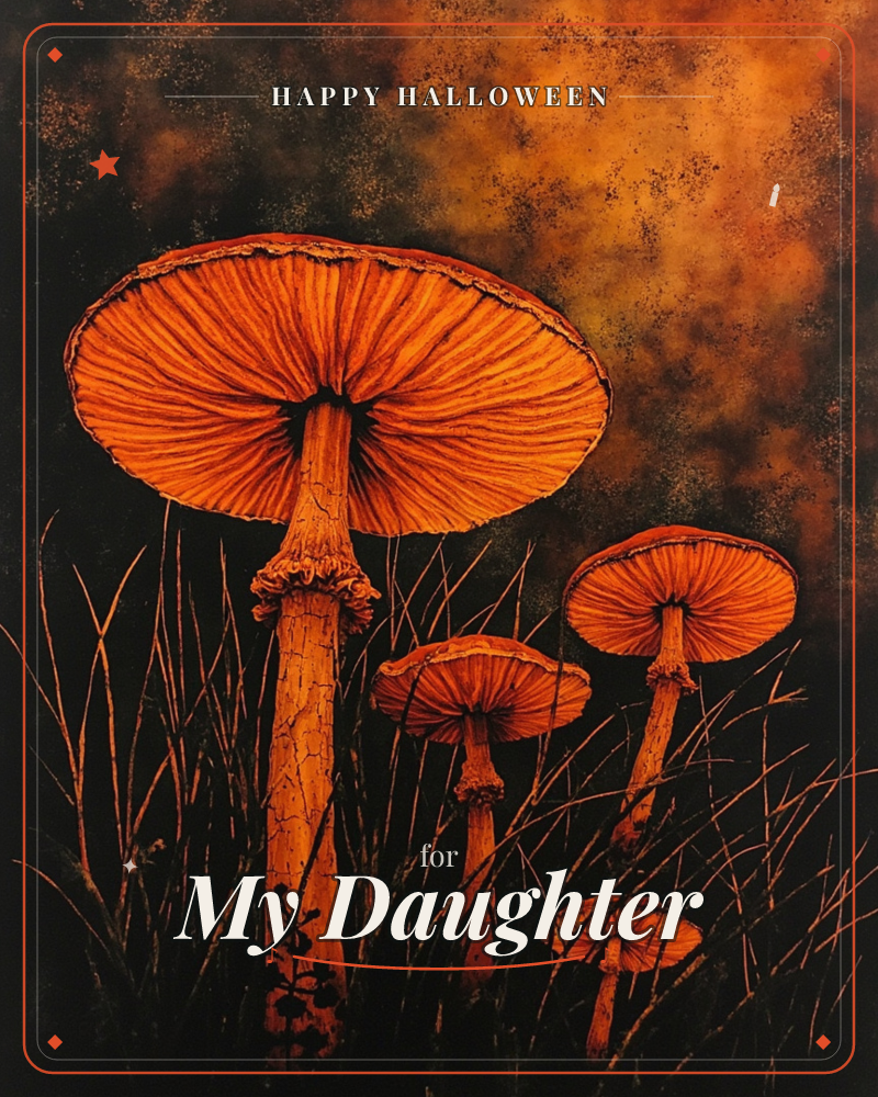 Three glowing orange mushrooms rise from dark tangled grass, their ribbed undersides caught in a low amber light against a smoky, mottled background, a halloween e-card design