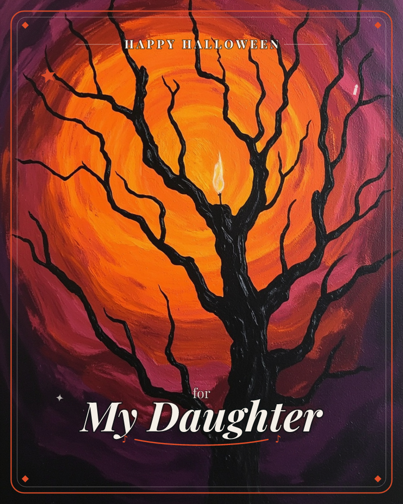 A bare, black tree spreads its gnarled branches against a swirling sunset of orange and magenta rings, with a single flame-like white shape glowing at…, a halloween e-card design