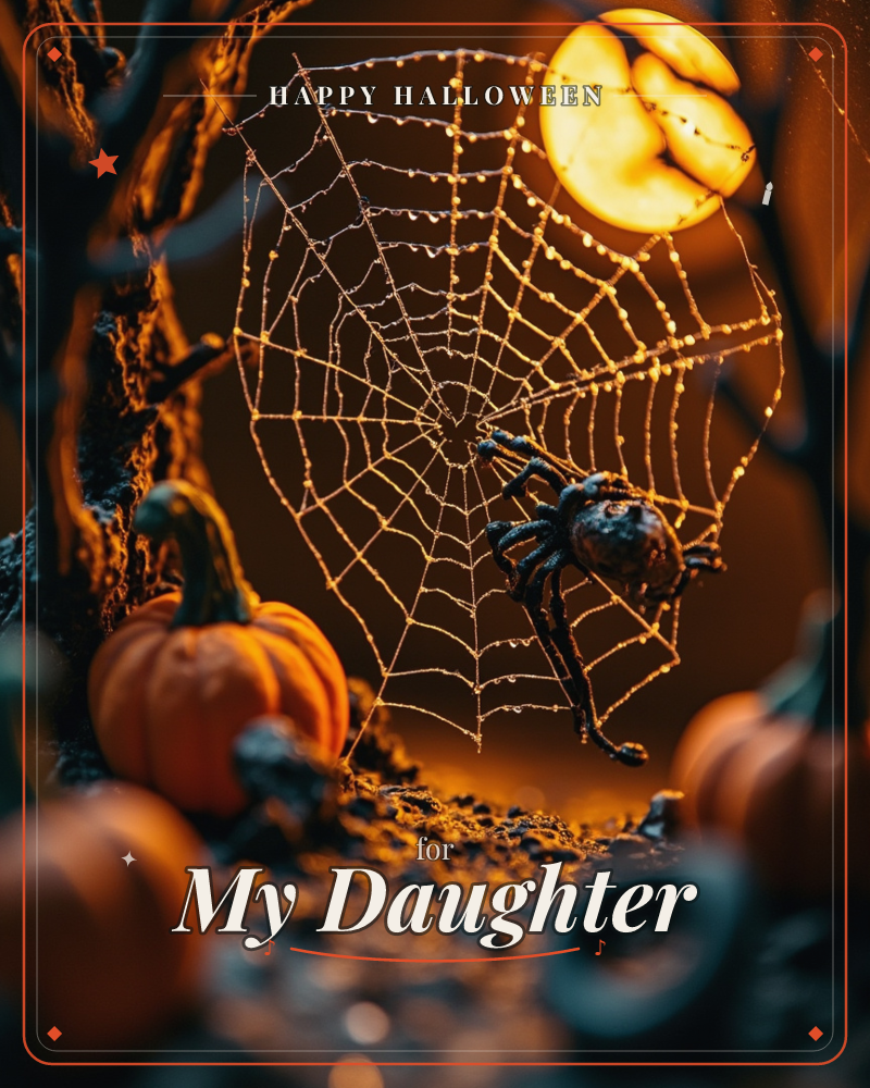 A dew-beaded spiderweb glows amber against a bare autumn tree, a fuzzy spider perched at its center, a halloween e-card design