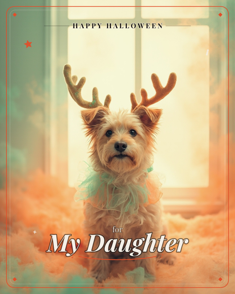 A small shaggy terrier sits before a sunlit window wearing plush reindeer antlers and a sheer mint tulle collar, framed by billowing clouds of peach…, a halloween e-card design