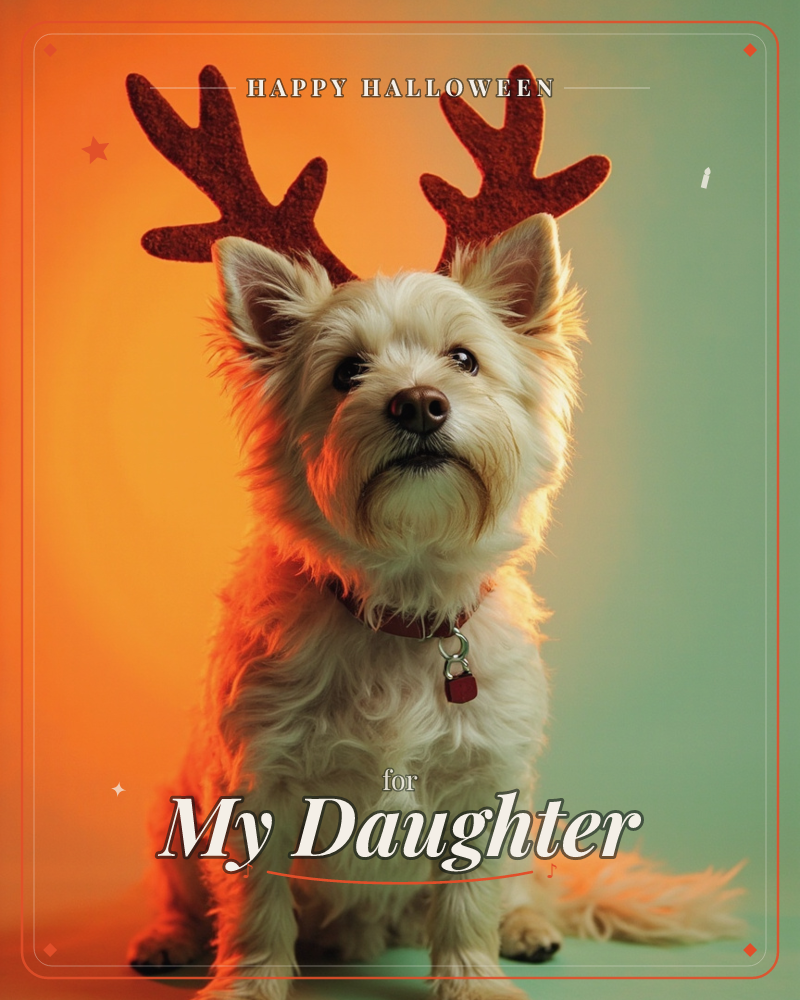 A small white terrier sits upright wearing felt reindeer antlers and a red collar with a tiny charm, gazing off to one side, a halloween e-card design