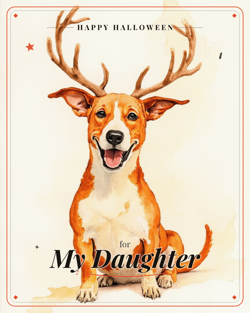 A grinning tan-and-white dog sits upright wearing a set of tall branching antlers, tongue out and ears perked in mid-laugh, a halloween e-card design