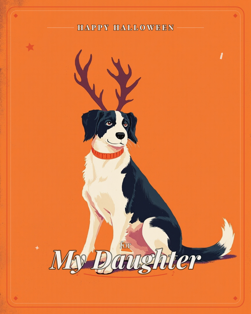 A black and white dog sits primly against a bold flat orange background, wearing a knitted red collar and a pair of felt antlers propped on its head, a halloween e-card design
