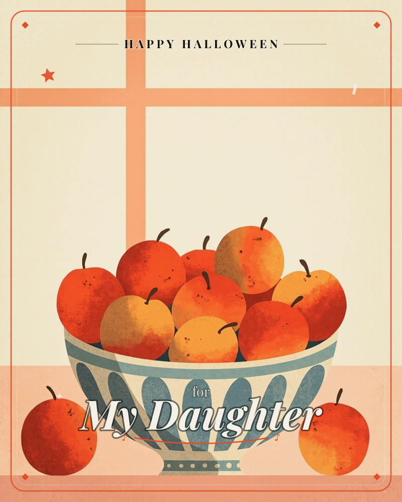 A blue-and-cream fluted bowl sits piled high with red and orange apples, two more resting loose on the peach-coloured tabletop beside it, a halloween e-card design