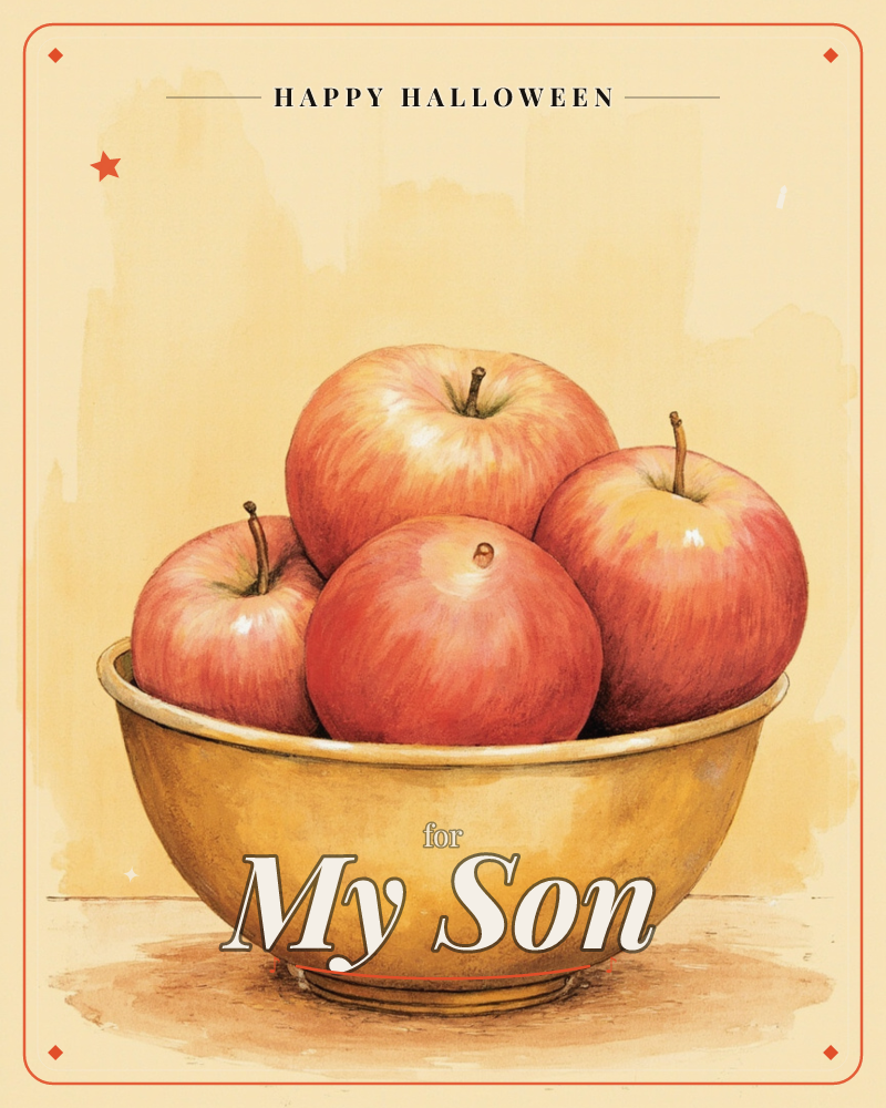 A golden-yellow bowl holds four glossy red apples, painted with soft highlights and warm shading against a mottled cream background, a halloween e-card design